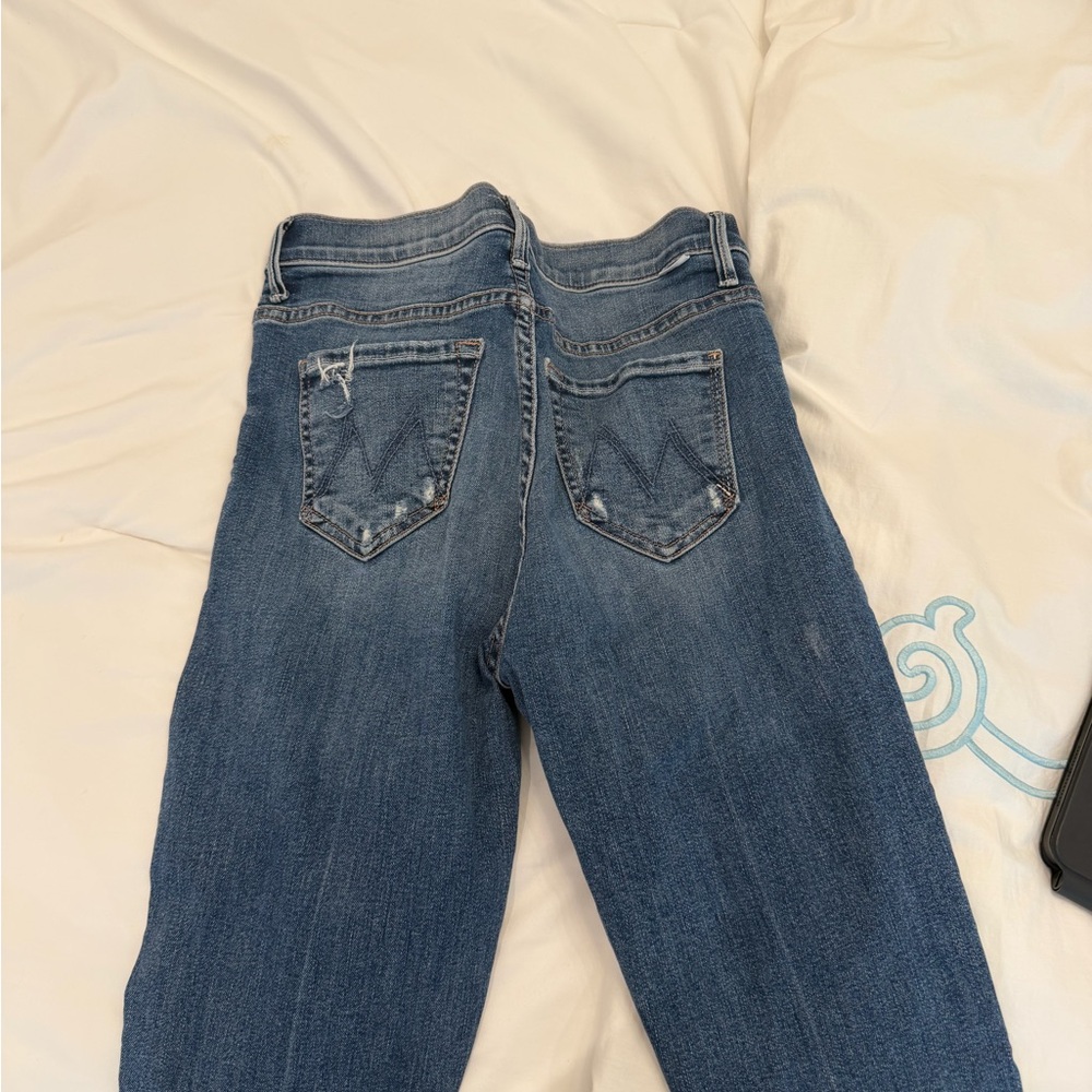 MOTHER Straight Leg Denim Jeans in Medium Blue with Distressed Back Pockets